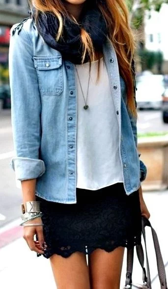 how to wear denim shirt and lace mini skirt
