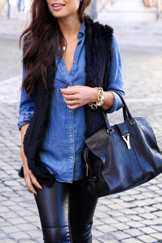 outfit with denim shirt and fur vest
