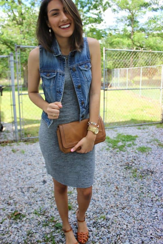 what to wear with denim vest and bodycon dress