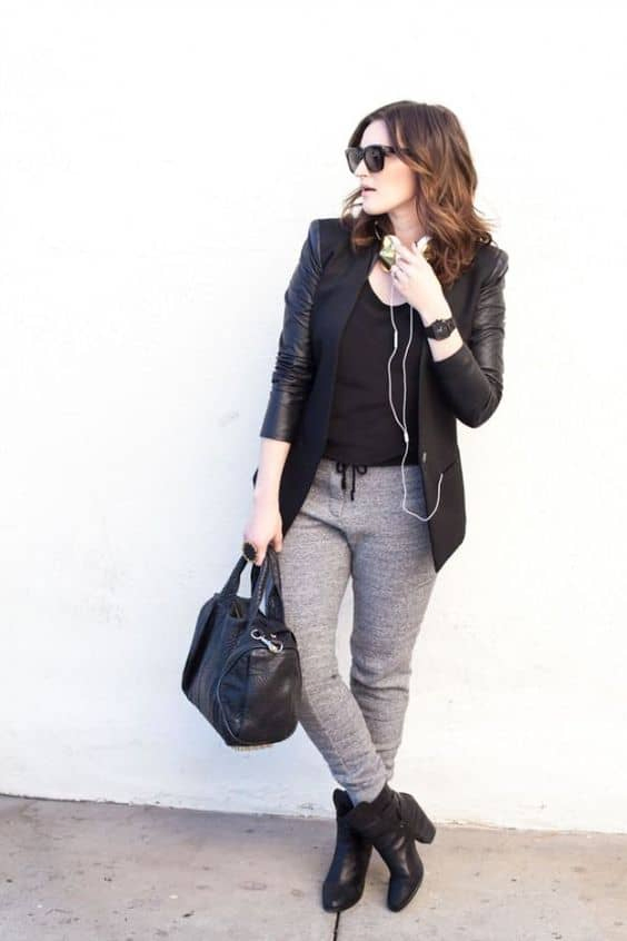outfit with dark gray sweatpants and black ankle boots