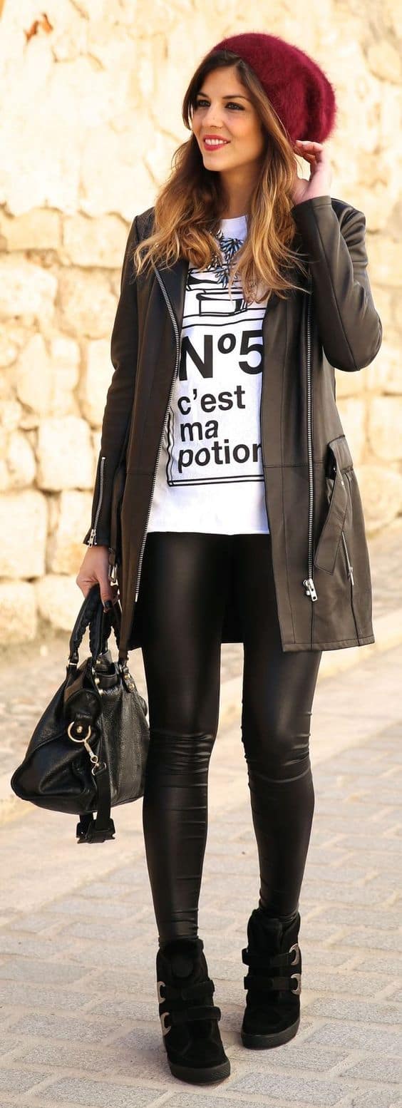 outfit with leather pants and wine beanie