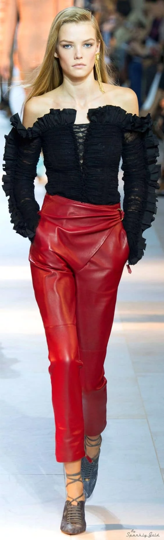 outfit with red leather pants and black chiffon top