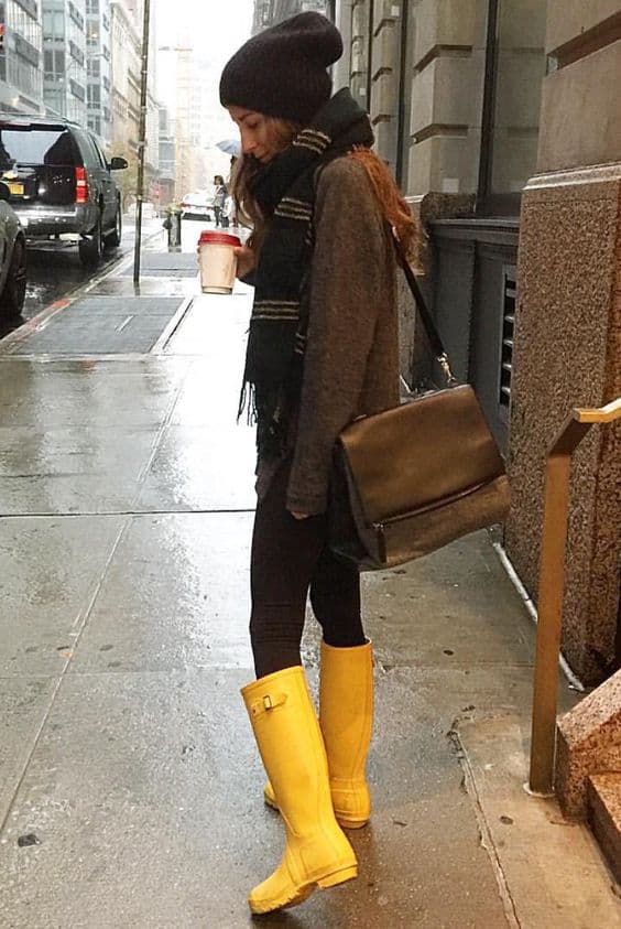 outfit with yellow rain boots and black beanie