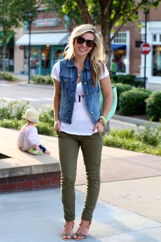 outfit with denim vest and leopard heels