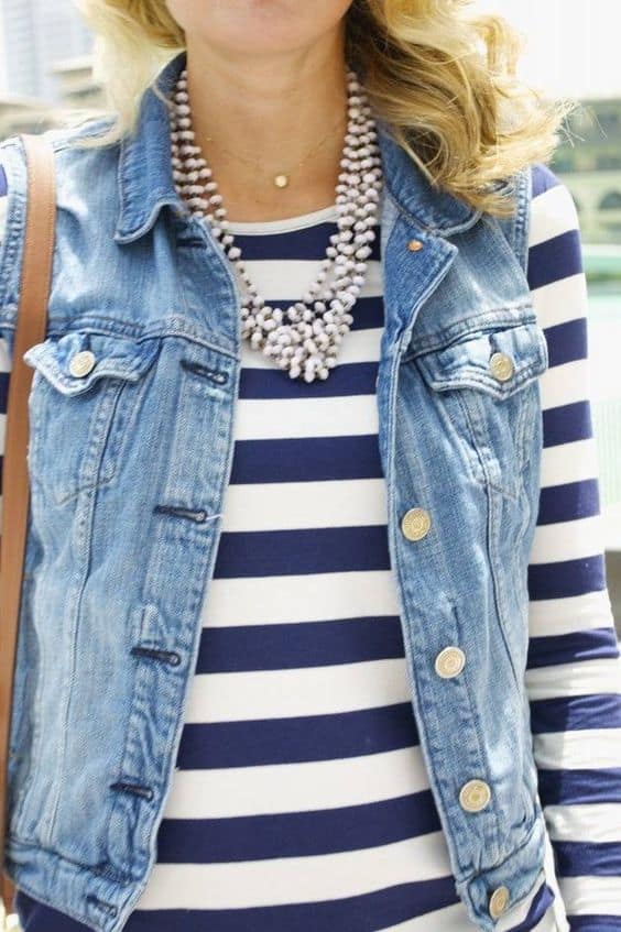 outfit with denim vest and striped blazer